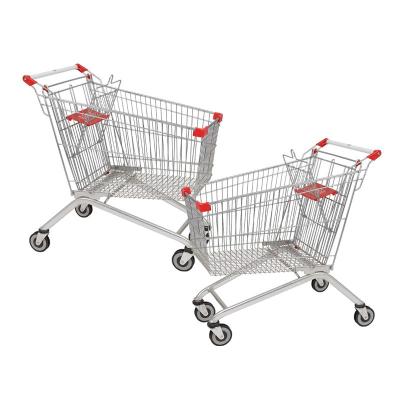 China Large Iron Supermarket Shopping Cart Trolley Small Traction Antirust Trolley Trailer Foldable Portable Four Wheel Grocery Cart for sale