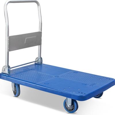 China Stall Home Supermarket Folding Logistics Trolley And Anti-falling Blue Plastic Compressive Super Trolley for sale