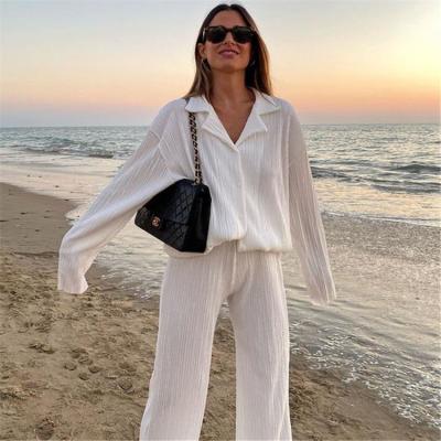 China Breathable BUKAI High Street Pleated Cloth Sleeve Blouse Woman 2 PC Female Casual Wide Leg Pleated Co Ords Pant Suit Long Pant Sets for sale