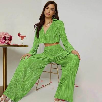 China BUKAI Autumn 2022 New Fashion Breathable Women's Loose Two-Piece Flared Sleeve Shirt Wide Leg Pants Suit For Women for sale