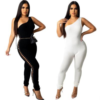 China BUKAI New Breathable Solid Color One Shoulder Launch Hollow Out Onesie Summer Sleeveless Jumpsuit Women Customized Elegant Ribbed Romper for sale