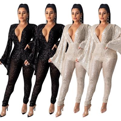 China BUKAI Spring 2022 New Arrivals Womens Clothing Zipper Cavity Breathable Mesh See Sexy Lady Jumpsuit Bodycon Romper Sequin Overalls for sale