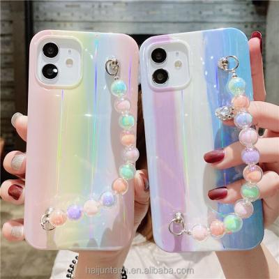 China New 360 Anti-drop Full Cover TPU Cell Phone Case For iPhone 11 12 Max 13 Pro XR Case With Rainbow Laser Gradient Pearl Chain for sale