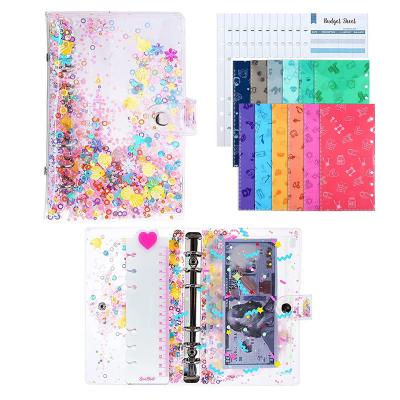 China Custom Joytop Logo Clear Pvc 6 Ring Sequins Loose Leaf Binder A6 Cash Envelope Budget System Binder for sale