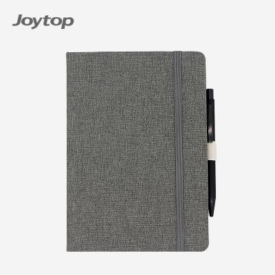 China Custom Fabric Label Joytop Business A5 Elastic Band Hardcover Journal Canvas Cloth Covered Black Paper Notebook for sale