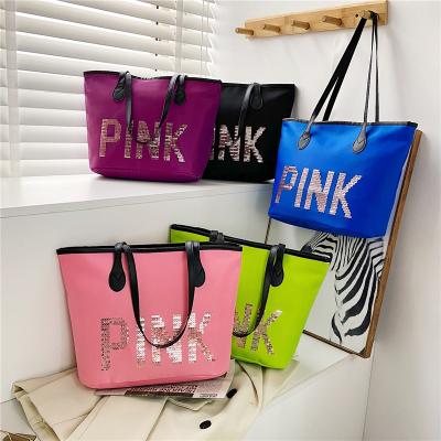 China Large capacity waterproof wholesale sequin bags shoulder bags fashion trends nylon pink green handbag for sale