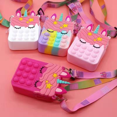 China Fashion Unicorn Kids Fidget Pop It Bubble Mini Zipper Cute Strawberry Pineapple Waterproof Silicone Coin Purse for sale