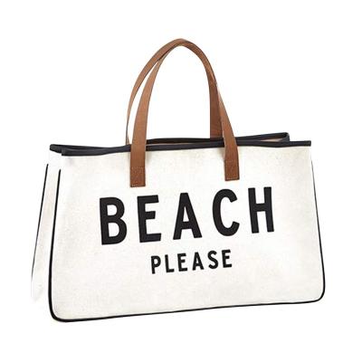 China 2022 New Design Canvas Beach Weekender Cotton Handled With PU Handle Custom Canvas Tote Bag for sale