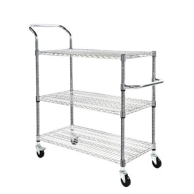 China 3 Tier Wire Metal Kitchen Cart Wire Shelf Cart Sustainable Revolving Cart With Wheel for sale