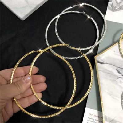 China Environmental Friendly Silver Plated Stainless Steel Large Crystal Hoop Earrings Women Large Thin Round Rhinestones for sale