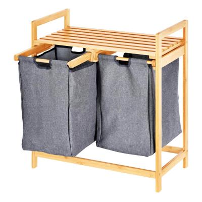 China Customized Double Compartments Bamboo Laundry Hamper And Shelf , 2 Section Laundry Hamper With Removable Liner for sale