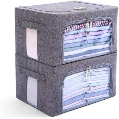 China Viable Dark Gray Clothes Storage Bins Box Bag, Foldable Canvas Fabric Stackable Container Set Organizer With Clear Window for sale