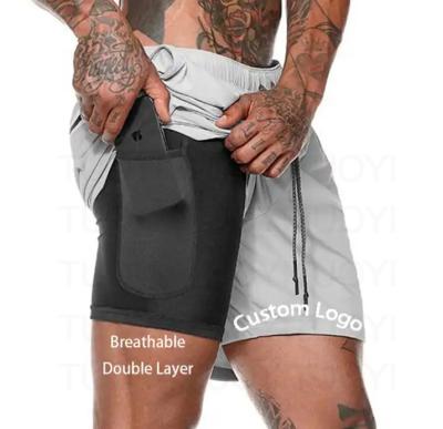 China Anti-wrinkle Wholesale High Elastic Double Layers Shorts Breathable Mens Plus Size Gym Shorts With Pocket And Tight for sale