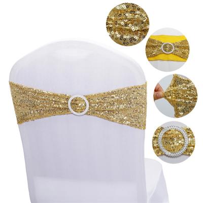 China Easy To Clean Hotel Hoops Decorated Spandex Gold Sequin Chair Cover High Quality Wedding Sash For Party for sale