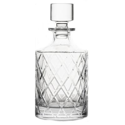 China Viable Custom Round Ribbed 800ml Hand Carved Fire Polish Crystal Glass Decanter Whiskey Bottle With Stopper for sale