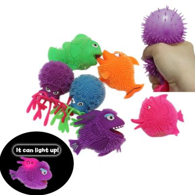 China Free Sample Factory Eco-friendly Decompression Novelty Kids LED Fish Squishy Hairy Octopus Toy Set Wholesale Flashing Marine Animal Ball for sale