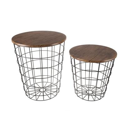 China (Height) Adjustable Nesting End Storage Convertible Round Metal Basket Wood Veneer Accent Dark Brown Side Top Table for sale