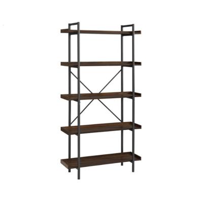 China Sustainable Industrial Furniture 5 Tier Metal Library Walnut Wall Mounted Brown Wood Storage Shelf for sale