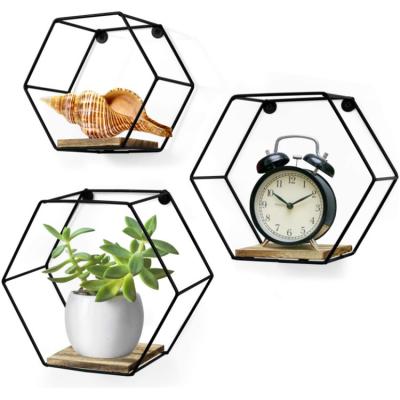 China (Size)Adjustable Home Decor Hexagon Shaped Floating Wall Mounted Shelves Hexagon Shelf Gold for sale