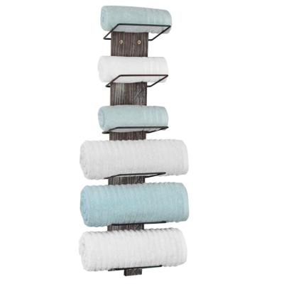 China Fashion Farmhouse Wall Mount Hanging 6 Tier Rustic Shelf Rack Wooden Towel Rack Bathroom for sale