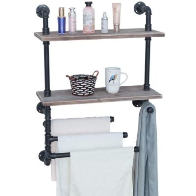 China Rustic Industrial Pipe (Other) Adjustable Farmhouse Distressed 2 Tier Soild Wood Towel Rack Bathroom for sale