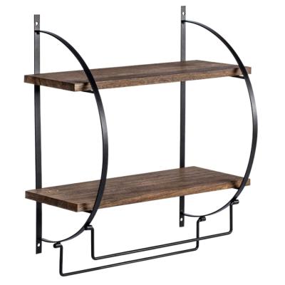 China Eco-Friendly Multi Function Rustic Antique Wall Storage Hanger Floating 2 Tier Wood Shelves Bathroom Towel Racks for sale