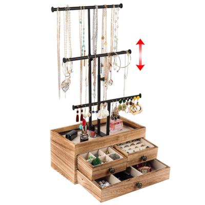 China Jewelry Display 3 Tier Metal Jewelry Rack Packaging Rack Charred Black Wood Jewelry Organizer Storage for sale