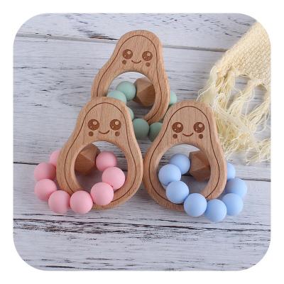 China New Eco-friendly BPA Free Avocado Teether Baby Care Silicone Organic Wooden Molar Beads Newborn Teether for sale