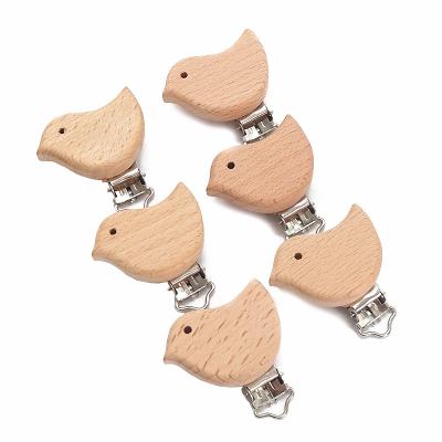 China New Beech BPA Bird Shape Dummy Clip Baby Teether Chain Free Wood Pacifier Holder Wooden Clip for sale