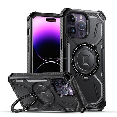 China 2023 Shockproof Sublimation 3in1 Ring Stand Magnetic Car Case For iPhone 14 Pro Max Defender Luxury Armor Phone Case for sale