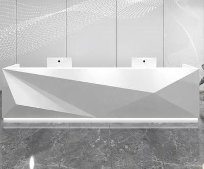 China Fancy Led Front Counter Reception Desk White Beautiful Curved Large Customized Counter Office Furniture Contemporary Panel for sale