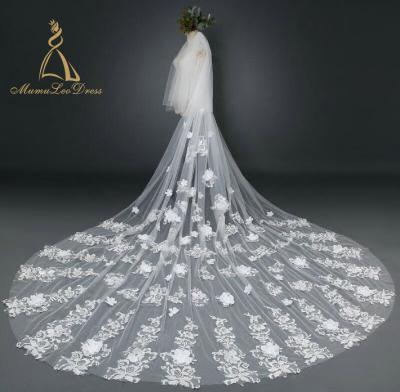 China Flower 3M Appliqued by Cathedral Floral Lace Bridal Veil Ivory Long Lace Edge for sale