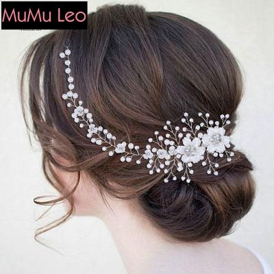 China European Hair Accessories Sparkly Silver Flower Style Wedding Headband Pearl Hair Vine Rhinestone Hair Accessories for sale