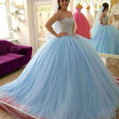 China Plus Size Sweetheart Bubble Strapless Bling Sparkle Beaded Blue Wedding Dress Crystal Ball Gown Puffy Skirt 2019 for sale