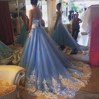 China Sky Plus Size Embroidered Fabric Strapless Sweetheart Lace Up Train Appliqued Light Blue And White Sweep Train 2019 Wedding Dress for sale