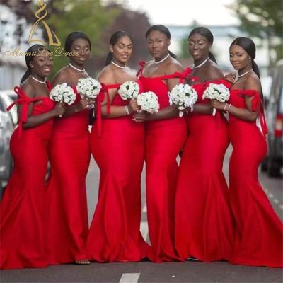 China Full Dry Clean Silk Like Satin Sweetheart Off The Shoulder Red African Bridesmaid Dresses Mermaid Maid Of Honor Gown for sale