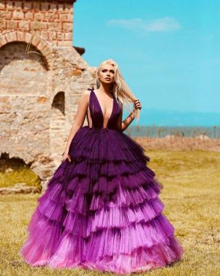 China Sexy Elegant Dry Cleaning V Neckline Sweep Train Backless Purple Celebrity Inspired Evening Dresses for sale