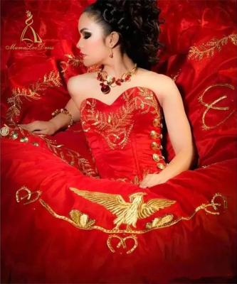 China 2019 Dry Cleaning Ruffle Embroidery Ball Gwon Made To Order Wholesale Red And Gold Quinceanera Dress for sale