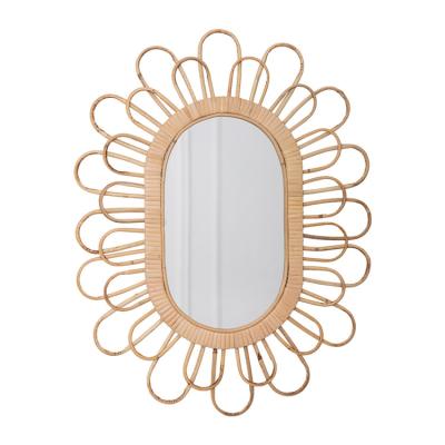 China Natural Rustic Oval Rattan Wall Mounted Mirror Frame Wicker Glass Cane For Home Decoration for sale