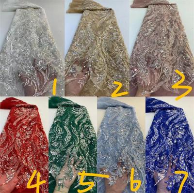 China Large viable high end rhinestones pearl sequin embroidery lace fabric beaded fabric bridal lace for sale