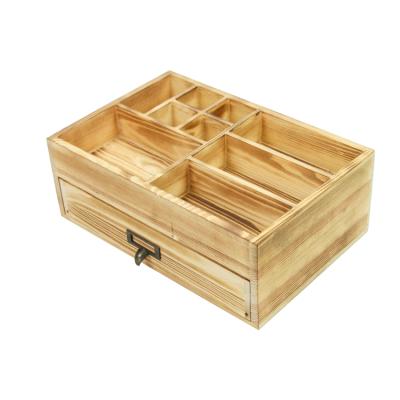 China Brown tabletop rustic wood drawer makeup organizer cosmetics storage box for sale