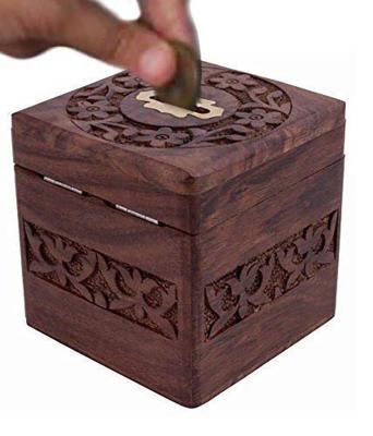 China Brown Sapphire Handcrafted Coin Box Bank Wooden Money Saving Box Bank for sale