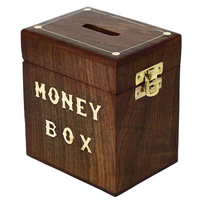 China Handmade Wooden Money Bank Coin Box Bank Coin Slot Key Box With Original Wood Color for sale