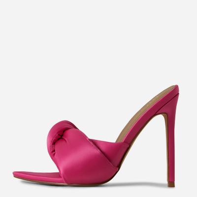 China Wholesale Designer Pink Bowknot Mules Fashion Trend Heels High Heel Stiletto Slippers Sandals Women Satin Slip On For Women for sale