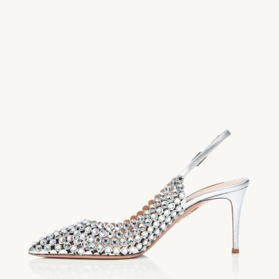 China Height Increasing New Arrive Elegant Diamond Crystal Rhinestone Sandals Slingback Stiletto High Heels Shoes For Women And Ladies for sale