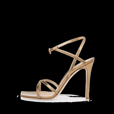 China Size Increasing Square Strappy Narrow Band Toe Party Shoes Heels Sandals 2021 Summer Heels Gold Custom Ankle Women High Heel Shoes for sale