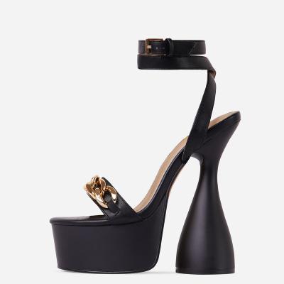 China Size Increasing Platform Heels 2021 For Black Faux Leather Women Chunky Heels Ankle Strap Gold Chain Retail Platform Statement Strappy Heel for sale