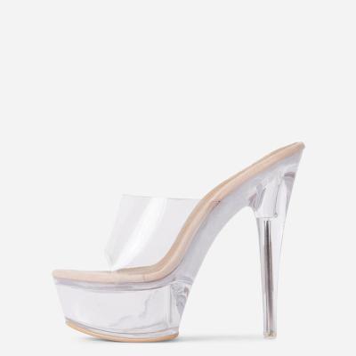 China Height Increasing Platform Heels 2021 Latest Mule Shoes High Heel Platform Sandals Ladies Transparent Clear Slippers PVC Heels For Women for sale