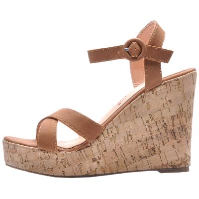 China Height Increasing 2020 Summer Buckle Strap Wedge Heels Ladies Ankle Strap Female Grain Wood Platform Sandals For Women for sale