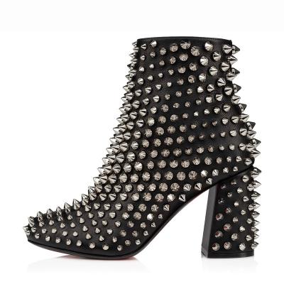 China Wholesale Stylish Chunky Block Heel Ankle Boots Women's Shoes Spike Studded Upper Black Boots Custom Made Round WinterWomen Boots For Women for sale